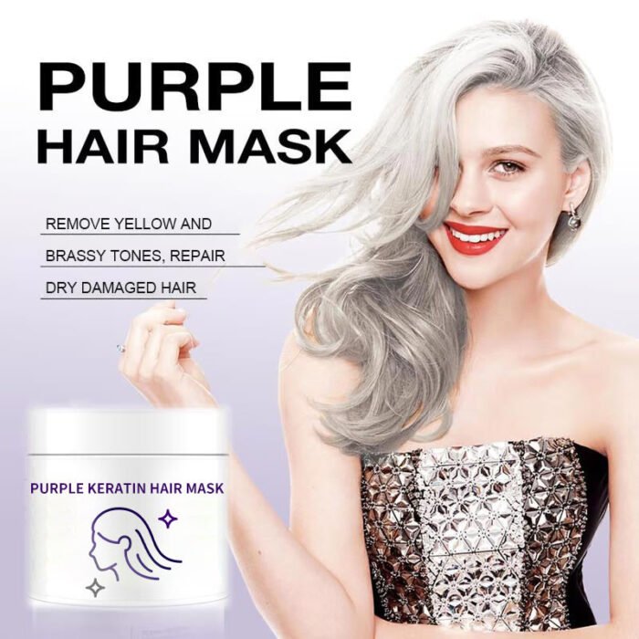 Masque capillaire à la kératine pourpre - Fixe la couleur et neutralise les tons cuivrés et jaunes pour les cheveux blonds, gris argentés et méchés – Image 1