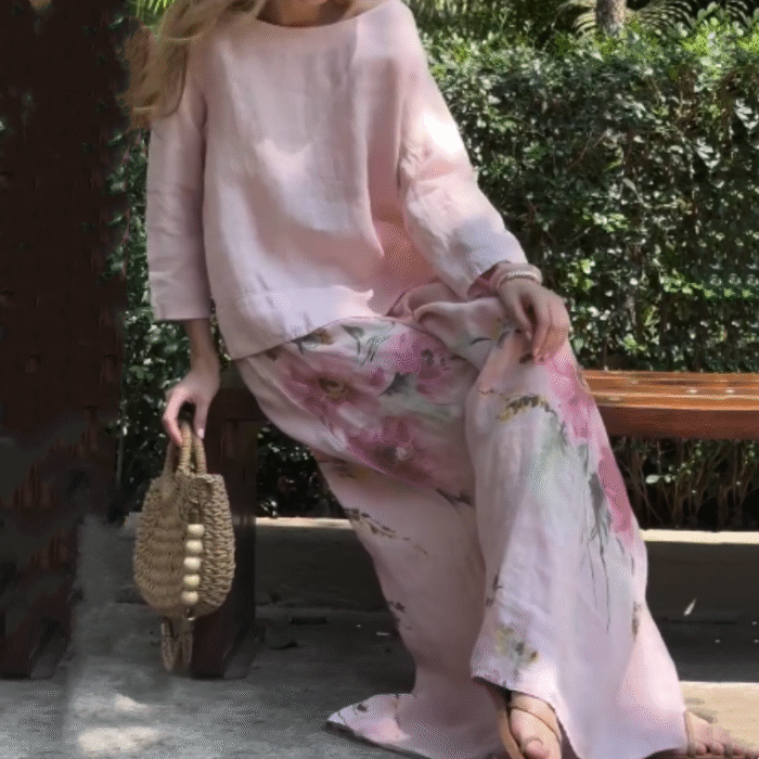 🔥Ensemble deux pièces avec haut uni et pantalon large fleuri🌸 – Image 3