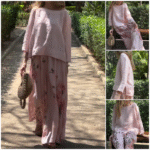 🔥Ensemble deux pièces avec haut uni et pantalon large fleuri🌸 – Image 2