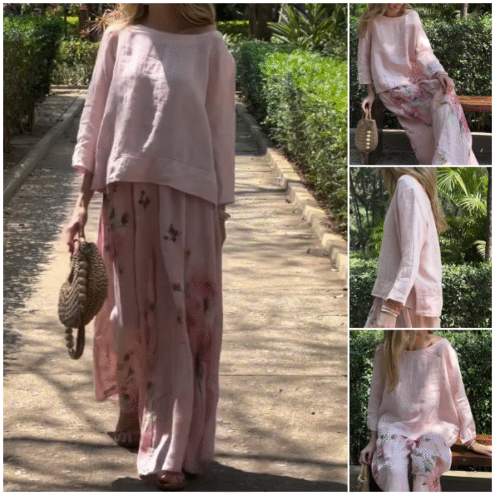 🔥Ensemble deux pièces avec haut uni et pantalon large fleuri🌸 – Image 2