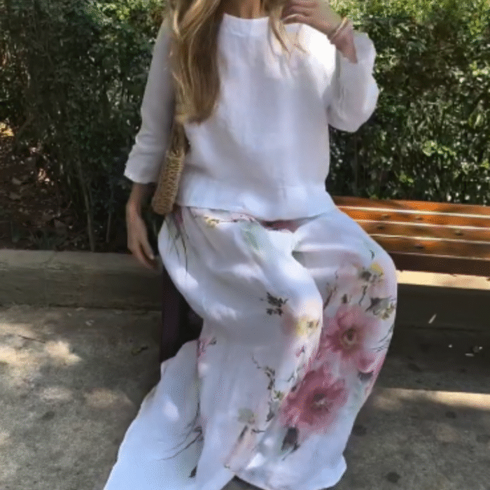 🔥Ensemble deux pièces avec haut uni et pantalon large fleuri🌸 – Image 7