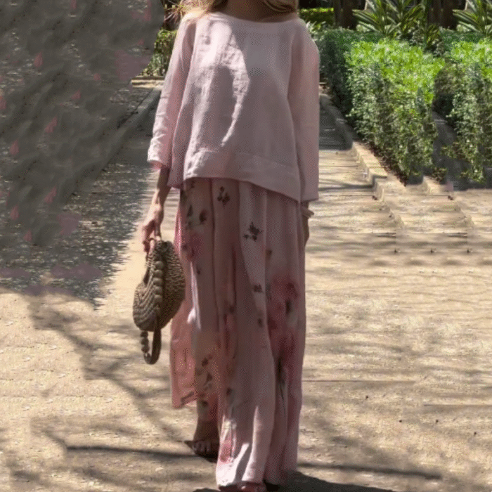 🔥Ensemble deux pièces avec haut uni et pantalon large fleuri🌸 – Image 9